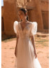 Short Sleeves Ivory Lace Dots Tulle V Back Wedding Dress